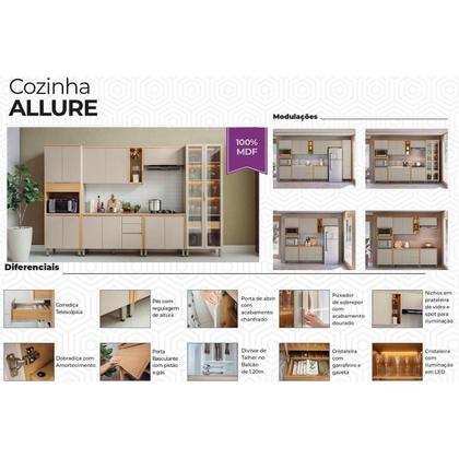 Imagem de Kit Cozinha Completa 6 Peças Allure (2Aéreos+2Balcões+1Cristaleira+1Paneleiro) CP16 Jequitiba/Gris Fosco - Linea Brasil