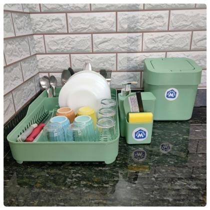 Imagem de Kit Cozinha Completo Verde Lixeira de pia 4 litros + Escorredor de pratos + porta detergente