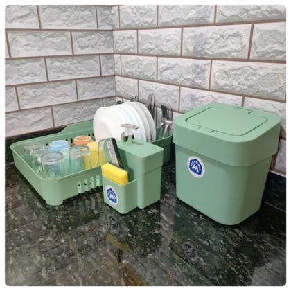 Imagem de Kit Cozinha Completo Verde Lixeira de pia 4 litros + Escorredor de pratos + porta detergente