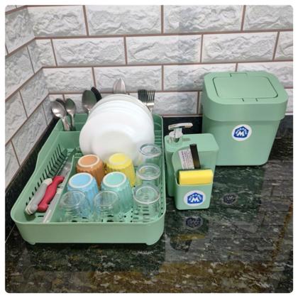 Imagem de Kit Cozinha Completo Verde Lixeira de pia 4 litros + Escorredor de pratos + porta detergente