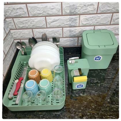 Imagem de Kit Cozinha Completo Verde Lixeira de pia 4 litros + Escorredor de pratos + porta detergente