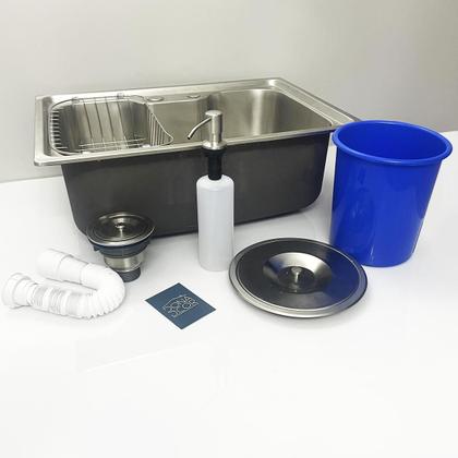 Imagem de Kit Cozinha Cuba Gourmet Inox 304 60x42 Com Lixeira De Embutir 5 Litros Porta Detergente 500ml Valvula E Sifão Flexivel Universal Kit Pia 5 Peças