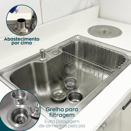 Imagem de Kit Cozinha Cuba Gourmet Inox 304 60x42 Com Lixeira De Embutir 5 Litros Porta Detergente 500ml Valvula E Sifão Flexivel Universal Kit Pia 5 Peças