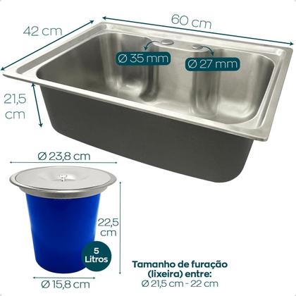 Imagem de Kit Cozinha Cuba Gourmet Inox 304 60x42 Com Lixeira De Embutir 5 Litros Porta Detergente 500ml Valvula E Sifão Flexivel Universal Kit Pia 5 Peças