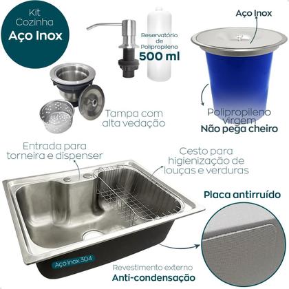 Imagem de Kit Cozinha Cuba Gourmet Inox 304 60x42 Com Lixeira De Embutir 5 Litros Porta Detergente 500ml Valvula E Sifão Flexivel Universal Kit Pia 5 Peças