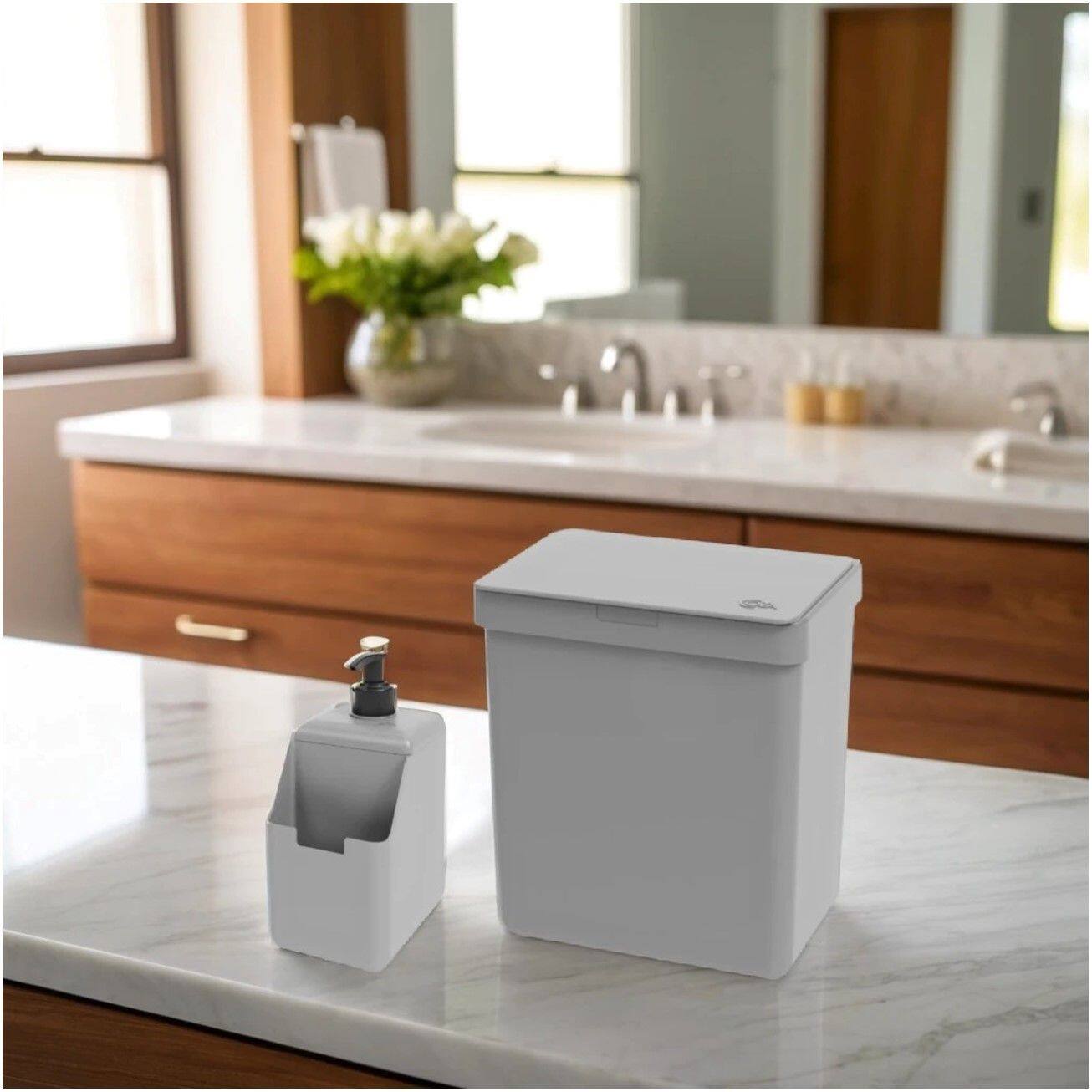 Imagem de Kit Cozinha Dispenser Porta Detergente Lixeira 2,5L Single Cinza - Coza