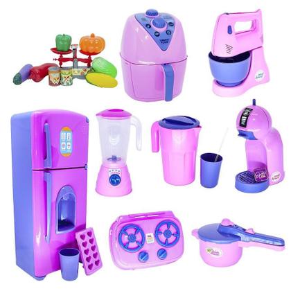 Imagem de Kit Cozinha Infantil Rosa Geladeira Air Fryer Legumes 21Pç