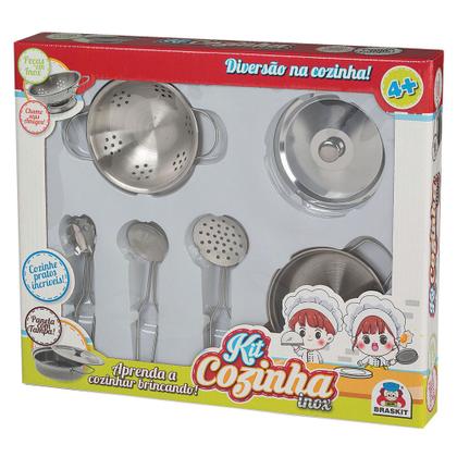 Imagem de Kit Cozinha Inox Escorredor Braskit Brinquedo Infantil com Panelinha e Acessorios