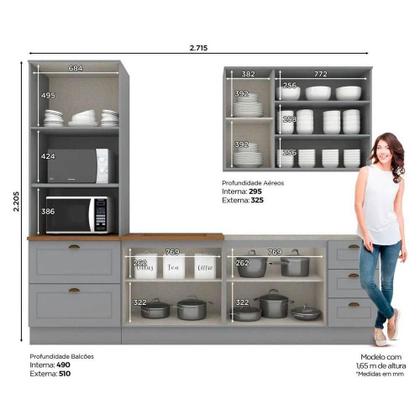 Imagem de Kit Cozinha Modulada 5 Peças Americana (1Aéreo+2Balcões+1Paneleiro+1Complemento) s/Pia CZ128 Cinza - Henn
