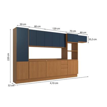 Imagem de Kit Cozinha Modulada 9 Peças Ciela (3Aéreos+2Balcões+1Paneleiro+1TorreQuente+2Complementos) C9P64 Canela/Azul Profundo-Kappesberg