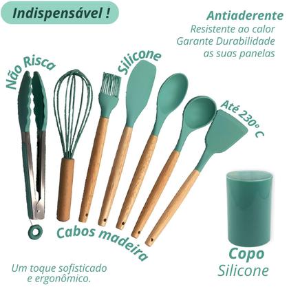 Imagem de Kit Cozinha Silicone Resistente Cabo Madeira Antiaderente Conjunto 8 Peças Fácil Limpar Estilo Durabilidade Praticidade