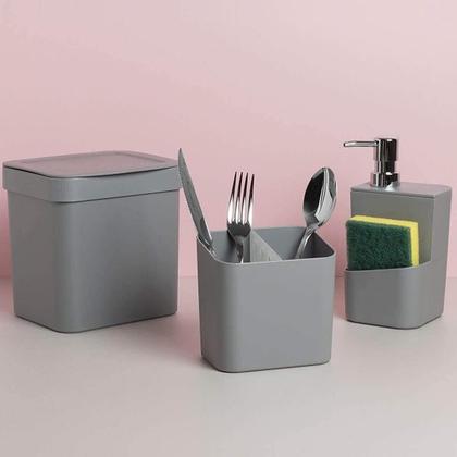 Imagem de Kit Cozinha Trium Escorredor Louça + Porta Talheres + Dispenser Detergente + Lixeira Chumbo KTE 011 OU Martiplast