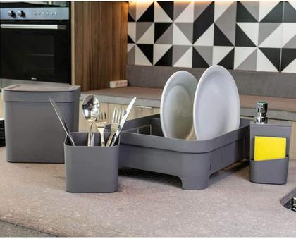 Imagem de Kit Cozinha Trium Escorredor Louça + Porta Talheres + Dispenser Detergente + Lixeira Chumbo KTE 011 OU Martiplast