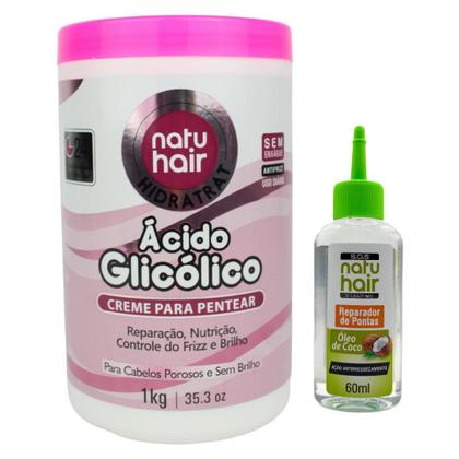 Imagem de Kit Creme para pentear Ácido Glicólico Natuhair + Reparador de Pontas Óleo de Coco 60 ml