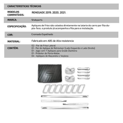 Imagem de Kit Cromado Slim para Renegade 2019 a 2021  Friso Lateral Slim Protetor de PortaMalas Apliques para Grade, Maçanetas com Keyless 4 Portas e Re