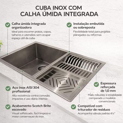 Imagem de Kit Cuba Calha Gourmet 90X40cm Inox 304 Luxo Com Torneira Monocomando, Dispenser de Detergente e Lixeira 4L de Embutir, Suporte de Esponja