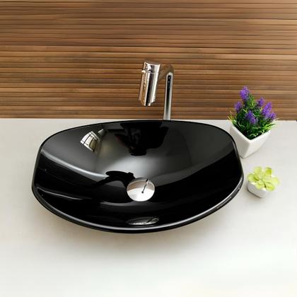 Imagem de Kit Cuba de Vidro Chanfrada 47cm Torneira de Metal Cromada Válvula Click para Banheiros e Lavabos