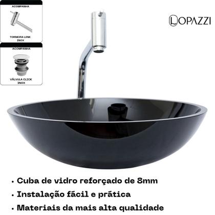 Imagem de Kit cuba de vidro p/ banheiro com torneira link gourmet e valvula click up - modelo redonda 35cm várias cores