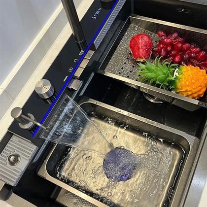 Imagem de Kit Cuba e Torneira Pia Cozinha Gourmet Premium Aço Inox 304 Cascata Lavador De Copos Completa Inteligente Monocomando Smart Multifuncional Cor Preta