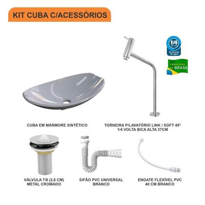 Imagem de Kit Cuba L45 C/Torneira Link 1062 Metal + Válvula 1'' (2,6cm) + Sifão Pvc + Flexível