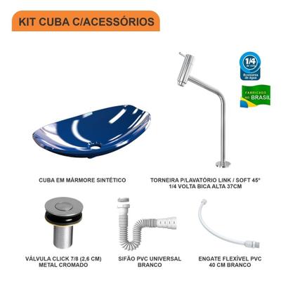 Imagem de Kit Cuba L45 C/Torneira Link 1062 Metal + Válvula Click 1''B (2,6cm) + Sifão Pvc + Flexível