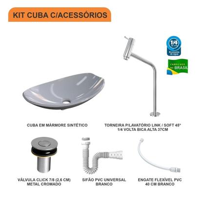 Imagem de Kit Cuba L45 C/Torneira Link 1062 Metal + Válvula Click 1''B (2,6cm) + Sifão Pvc + Flexível
