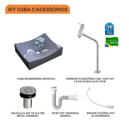 Imagem de Kit Cuba ML44 C/Torneira Link 1062 Metal + Válvula Click 1''B (2,6cm) + Sifão Pvc + Flexível