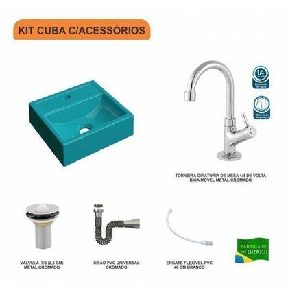 Imagem de Kit Cuba Q32 com Torneira 1198 Metal e Válvula 1" + Sifão Cromado e Flexível Compace