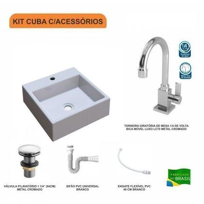 Imagem de Kit Cuba Q355 Torneira Luxo 1195 Metal Válvula Click 1 1/2 Polegada Sifão PVC Flexível Compace