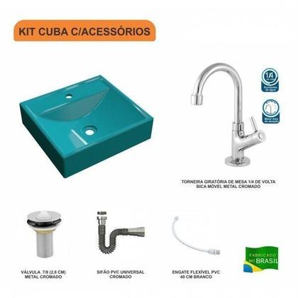 Imagem de Kit Cuba Q39 com Torneira 1198 Metal e Válvula 1" + Sifão Cromado e Flexível Compace