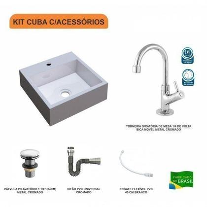 Imagem de Kit Cuba Q395 com Torneira 1198 Metal e Válvula Click 1 1/2" e Sifão Cromado e Flexível Compace