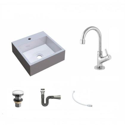 Imagem de Kit Cuba Q395 com Torneira 1198 Metal e Válvula Click 1 1/2" e Sifão Cromado e Flexível Compace