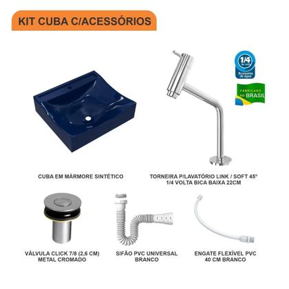 Imagem de Kit Cuba Q440 C/Torneira Pratika 1060 Metal + Válvula Click 1''B (2,6cm) + Sifão Pvc + Flexível