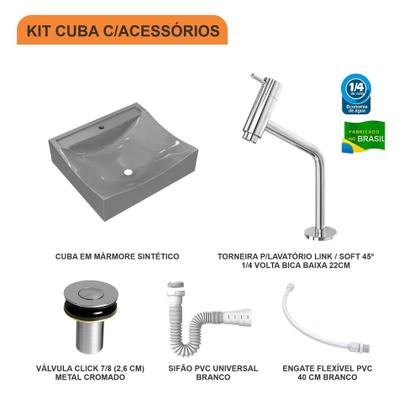 Imagem de Kit Cuba Q440 C/Torneira Pratika 1060 Metal + Válvula Click 1''B (2,6cm) + Sifão Pvc + Flexível