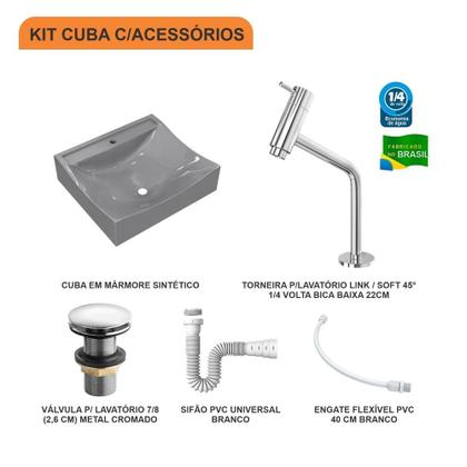 Imagem de Kit Cuba Q440 C/Torneira Pratika 1060 Metal + Válvula Click 1''G + Sifão Pvc + Flexível