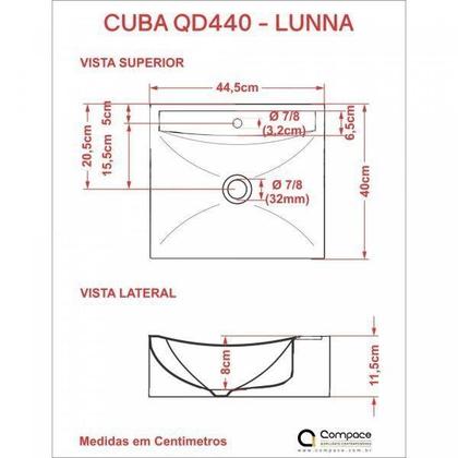 Imagem de Kit Cuba Q440 com Torneira 1198 Metal e Válvula 1 Pol. Sifão PVC e Flexível Compace