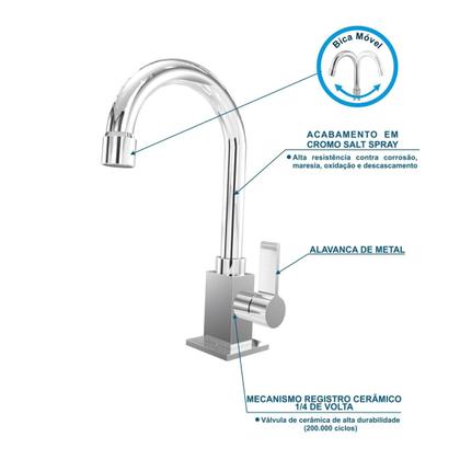 Imagem de Kit Cuba Q45 C/Torneira Luxo 1195 Metal + Válvula Click 1''B (2,6cm) + Sifão Pvc + Flexível