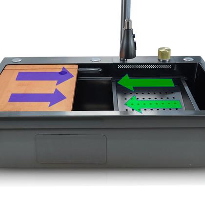 Imagem de Kit Cuba Quadrada + Torneira Extensivel com Controle Temperatura Cascata Cesto e Tábua Tutto Home