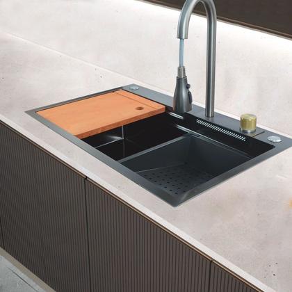 Imagem de Kit Cuba Quadrada + Torneira Extensivel com Controle Temperatura Cascata Cesto e Tábua Tutto Home