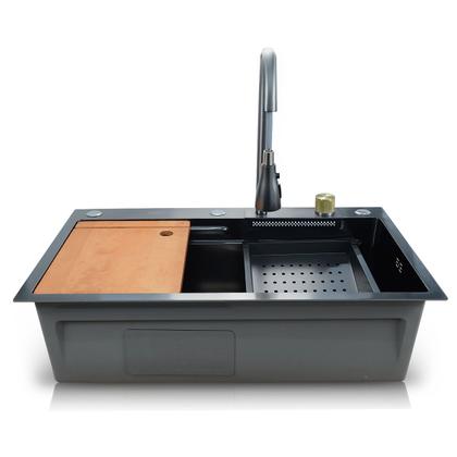 Imagem de Kit Cuba Quadrada + Torneira Extensivel com Controle Temperatura Cascata Cesto e Tábua Tutto Home