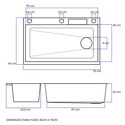 Imagem de Kit Cuba Quadrada + Torneira Extensivel com Controle Temperatura Cascata Cesto e Tábua Tutto Home