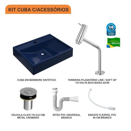 Imagem de Kit Cuba RT49 C/Torneira Pratika 1060 Metal + Válvula Click 1''B (2,6cm) + Sifão Pvc + Flexível