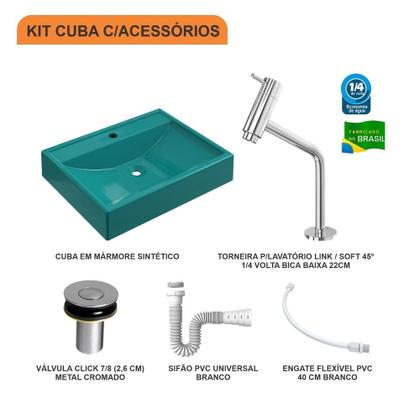 Imagem de Kit Cuba RT49 C/Torneira Pratika 1060 Metal + Válvula Click 1''B (2,6cm) + Sifão Pvc + Flexível