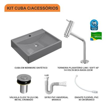 Imagem de Kit Cuba RT49 C/Torneira Pratika 1060 Metal + Válvula Click 1''B (2,6cm) + Sifão Pvc + Flexível
