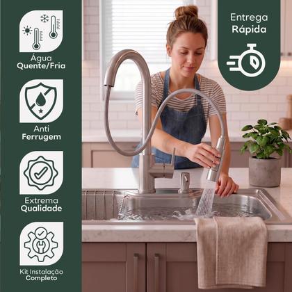 Imagem de Kit Cuba Torneira Pia Gourmet Aço Inox Monocomando Flexivel Bancada Cozinha 50x40cm Kit Completo Cor Prata