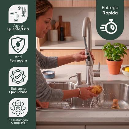 Imagem de Kit Cuba Torneira Pia Gourmet Aço Inox Monocomando Flexivel Bancada Cozinha 50x40cm Kit Completo Cor Prata