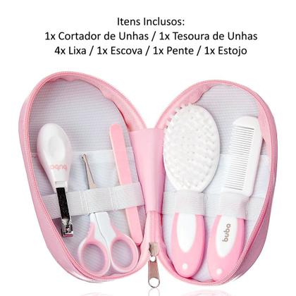 Imagem de Kit Cuidados Meninas Rosa Aspirador Nasal Pente Tesoura Cortador Limpa Mamadeira Buba