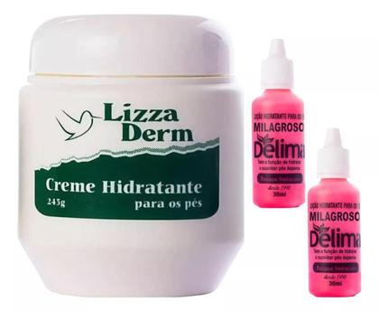 Imagem de Kit Cuidados para os Pés Rachados: 1 Creme Hidratante Lizza Derm  + 2 Loção Milagroso Delima