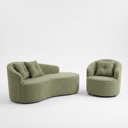 Imagem de Kit de 01 Sofá Orgânico Curvo Feijão + 01 Poltrona Confortável Sala Estúdio Amore Bouclê Verde Oliva - Montanari s Decor