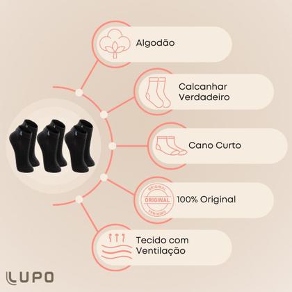 Imagem de Kit De 3 Pares Meia Lupo Sport Kids Cano Curto Infantil Algodão Cores Básicas Para Menino E Menina